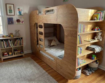 Plan łóżka piętrowego Montessori – łóżko pojedyncze nad łóżkiem pojedynczym, majsterkowanie przy obróbce drewna (PDF)