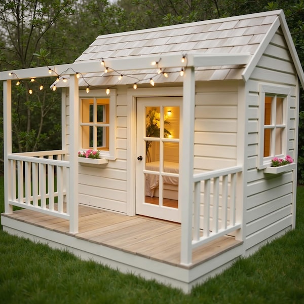 Planer för mysig lekstuga - DIY utomhuslekstuga för barn med veranda och gaveltak
