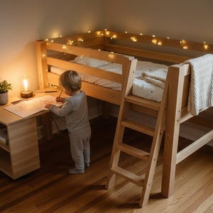 Plan łóżka piętrowego Montessori w formacie PDF | Łóżko piętrowe dla dzieci z biurkiem | Plany stolarskie DIY