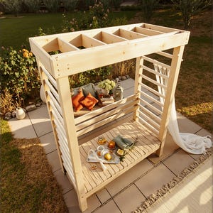 May include: A light-colored wooden outdoor canopy with a slatted roof and sides. Inside, there are pillows, a small table with drinks and snacks, and a bench. The canopy is set on a patio with a grassy background.