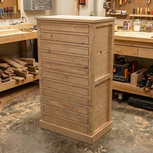 May include: A tall, unfinished wooden cabinet with multiple drawers stands in a workshop. The cabinet is made of light-colored wood and has a simple, rectangular design. The workshop has workbenches and tools.