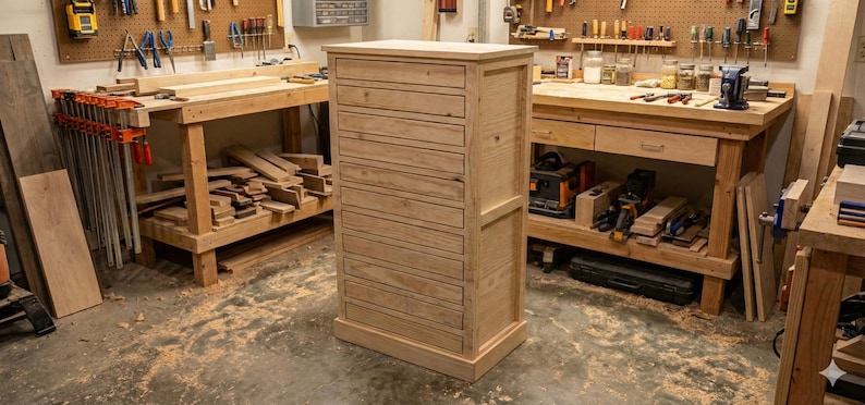 May include: A tall, unfinished wooden cabinet with multiple drawers stands in a workshop. The cabinet is made of light-colored wood and has a simple, rectangular design. The workshop has workbenches and tools.
