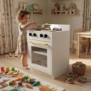May include: A child plays with a white toy kitchen set, complete with a stove, oven, and yellow handle. The kitchen is in a room with a small table and chairs, a rug with animal designs, and toy food items. The scene evokes a sense of imaginative play.