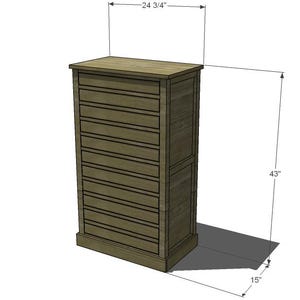 May include: A wooden cabinet with a rectangular shape, featuring horizontal slats across the front. The cabinet is 43 inches tall, 24 3/4 inches wide, and 15 inches deep. It has a light brown color and a simple design.
