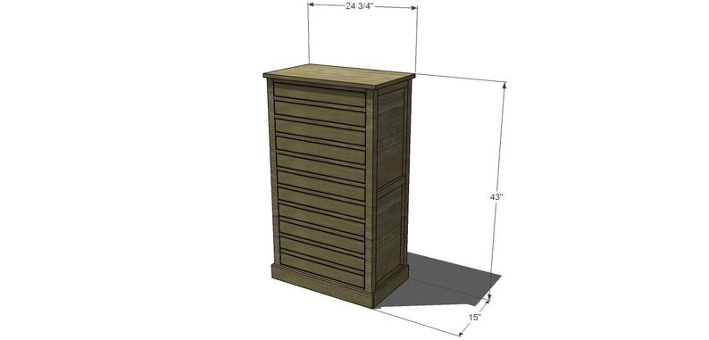 May include: A wooden cabinet with a rectangular shape, featuring horizontal slats across the front. The cabinet is 43 inches tall, 24 3/4 inches wide, and 15 inches deep. It has a light brown color and a simple design.