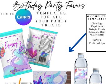 Butterfly Birthday Party Favor Templates Bundle, Save Bundle, Chip Bag Template, Water bottle Label, Juice Pouch Label, Chocolate bar