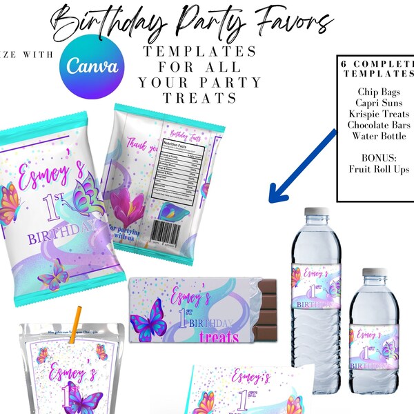 Butterfly Birthday Party Favor Templates Bundle, Save Bundle, Chip Bag Template, Water bottle Label, Juice Pouch Label, Chocolate bar