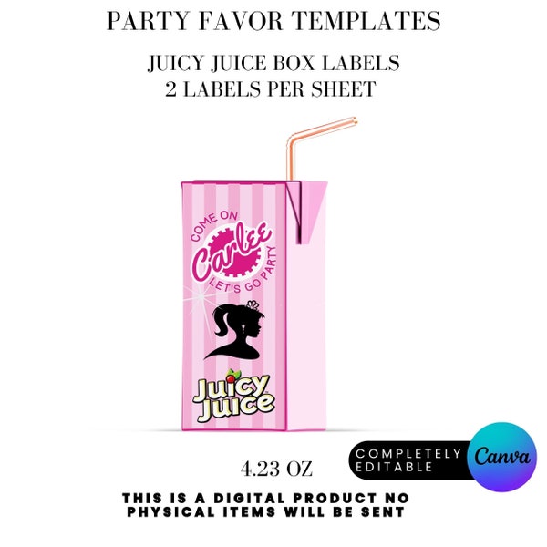 Fashion Doll Let's Go Party Birthday Party Favor Juicy Juice Box Label Canva Template Instant DIGITAL DOWNLOAD