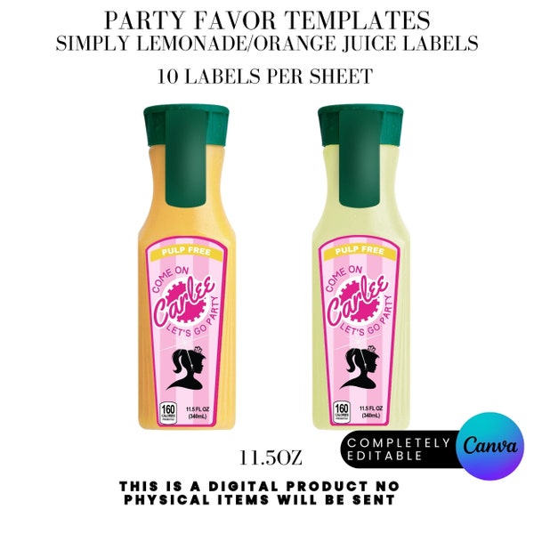 Fashion Doll Let's Go Party Birthday Party Favor Simply Lemonade Orange Juice Label Canva Template Instant DIGITAL DOWNLOAD