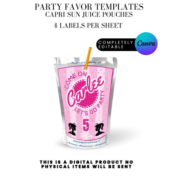 Fashion Doll Let's Go Party Birthday Party Favor Capri Sun Juice Pouch label Canva Template Instant DIGITAL DOWNLOAD