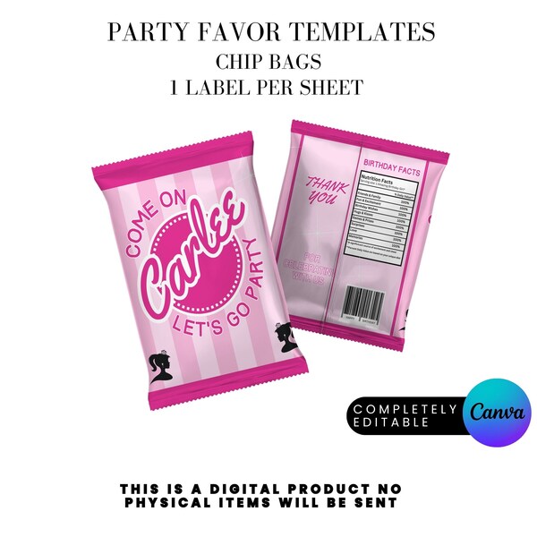 Fashion Doll Let's Go Party Birthday Party Favor Chip Bag label Canva Template Instant DIGITAL DOWNLOAD