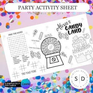 Candy Land Sweets Party Coloring Placemat Personalized Printable Custom Activity Mat For Birthday Party Classroom Learning Canva Template