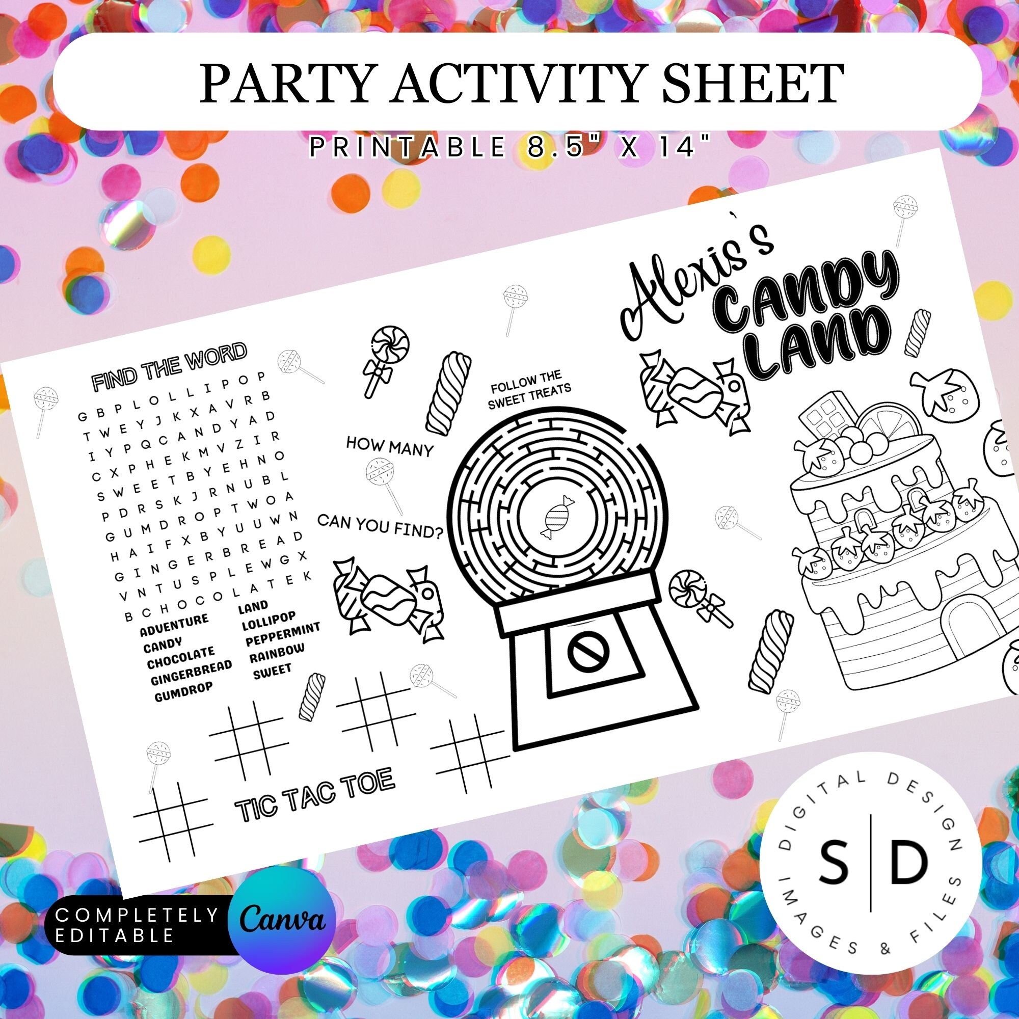 Candy Land Sweets Party Coloring Placemat Personalized Printable Custom ...