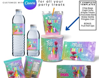 Trolls Birthday Party Favor Templates Bundle, Save Bundle, Chip Bag Template, Water bottle Label, Juice Pouch Label, Chocolate bar Canva
