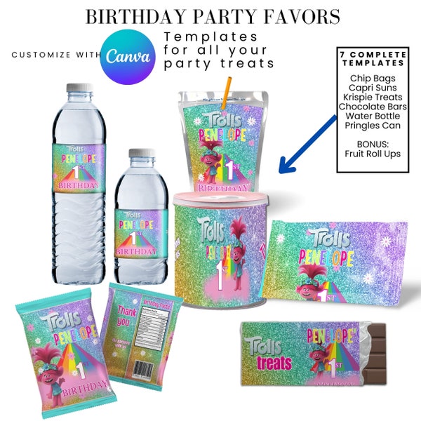 Trolls Birthday Party Favor Templates Bundle, Save Bundle, Chip Bag Template, Water bottle Label, Juice Pouch Label, Chocolate bar Canva