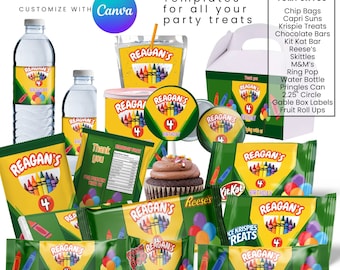 Crayon Birthday Party Favor Templates Bundle Chip Bag Water bottle Label, Juice Pouch Label, Chocolate bar Color Art Crayon Digital Download