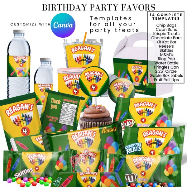 Crayon Birthday Party Favor Templates Bundle Chip Bag Water bottle Label, Juice Pouch Label, Chocolate bar Color Art Crayon Digital Download