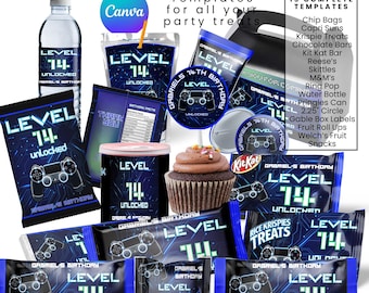 Video Game Birthday Gamer Party Favor Templates Bundle, Save Bundle, Chip Bag Template, Water bottle Label, Juice Pouch Label, Chocolate bar