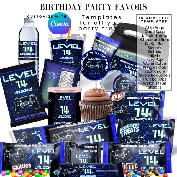 Video Game Birthday Gamer Party Favor Templates Bundle, Save Bundle, Chip Bag Template, Water bottle Label, Juice Pouch Label, Chocolate bar