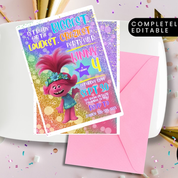 Trolls Craziest Party Birthday Invitation |Trolls Printable invitation | Trolls Party Invite | Digital Troll Party Editable Template Canva