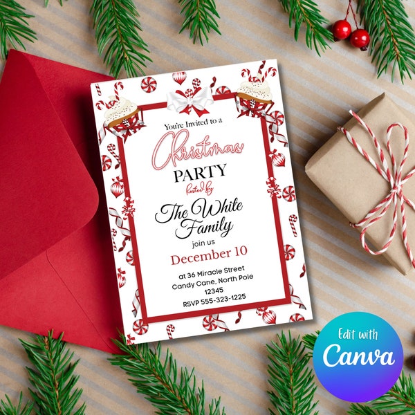 Peppermint Christmas Party Invitation Editable | Holiday Party Invite | Canva Design Template | Annual Family Christmas