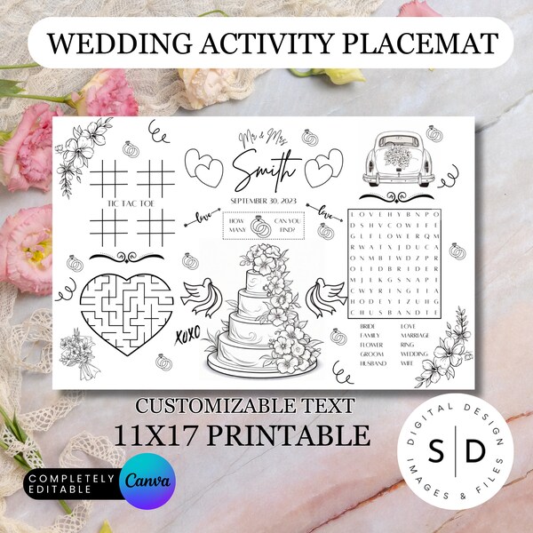 Printable Wedding Coloring Placemat, Digital File, Wedding Activity, Reception Game EDITABLE CANVA TEMPLATE Customize Kids Activity Mat