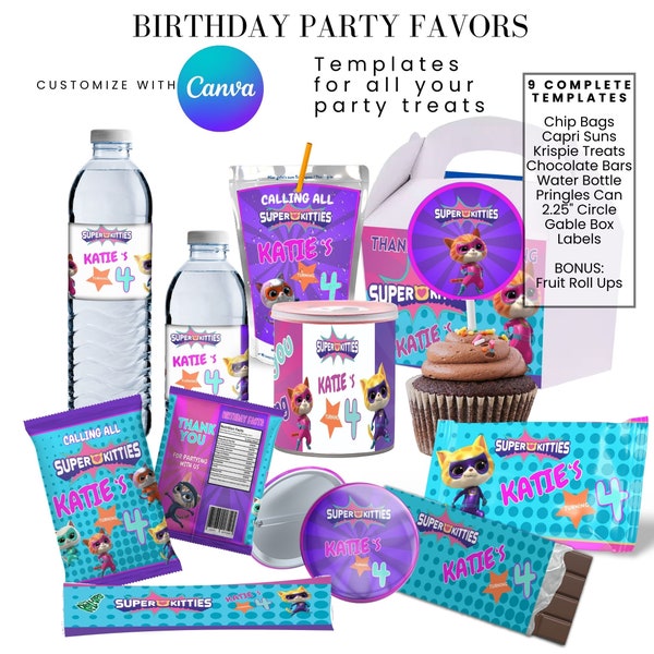 Super Kitties Birthday Party Favor Templates Bundle, Chip Bag Template, Water bottle Label, Juice Pouch Label, Chocolate bar Canva Gable box