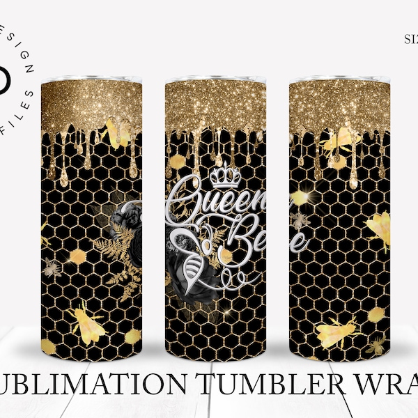 Queen Bee Black & Gold Hive 20oz 30oz Sublimation Tumbler Designs, Black Gold flowers 9.2 x 8.3” Straight Skinny Tumbler Wrap PNG
