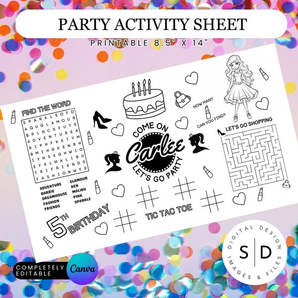 Fashion Doll Birthday Party Coloring Placemat, Personalized, Printable, Custom, Activity Mat For Birthday Party Learning Canva Template