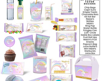 Magische Eenhoorn Rainbow Birthday Party Favor Templates Bundel, Chip Bag Template, Waterfles Label, Juice Pouch Label, Chocoladereep Canva