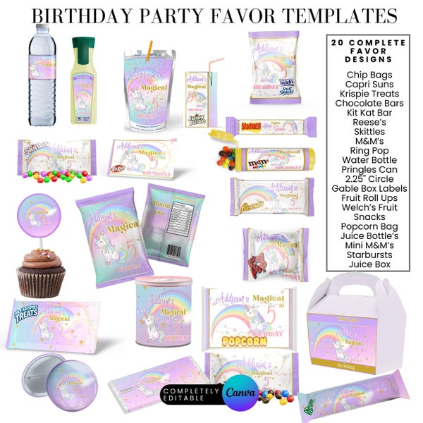 Magical Unicorn Rainbow Birthday Party Favor Templates Bundle, Chip Bag Template, Water bottle Label, Juice Pouch Label, Chocolate bar Canva