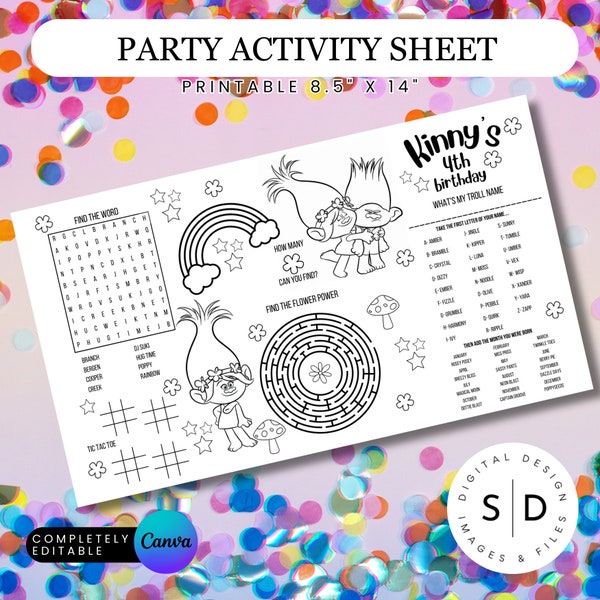 Trolls Birthday Party Coloring Placemat, Personalized, Printable, Custom, Activity Mat For Birthday Party Classroom Learning Canva Template