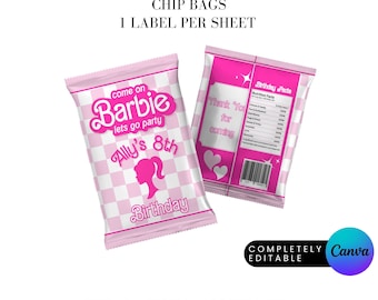 Lets Go Party Retro Doll Birthday Party, Checkerboard Party Favor Chip Bag label Canva Template Instant DIGITAL DOWNLOAD