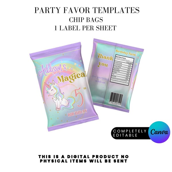 Magical Unicorn Party Birthday Party Favor Chip Bag Wrapper Canva Template Instant DIGITAL DOWNLOAD