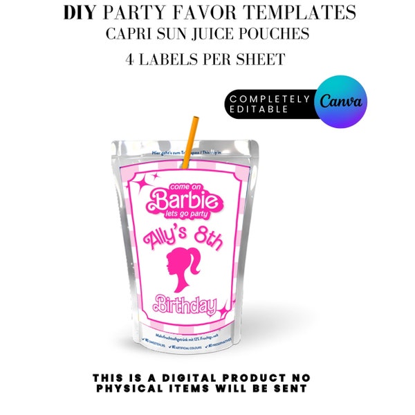 Lets Go Party Retro Doll Birthday Party, Checkerboard Party Favor Juice Pouch Capri Sun label Canva Template Instant DIGITAL DOWNLOAD