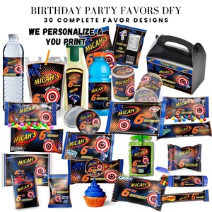 Nerf Ready Aim Fire Birthday Party Favors Bundle, Chip Bag, Krispie Treat, Candy Labels, Custom Party Favors Personalized