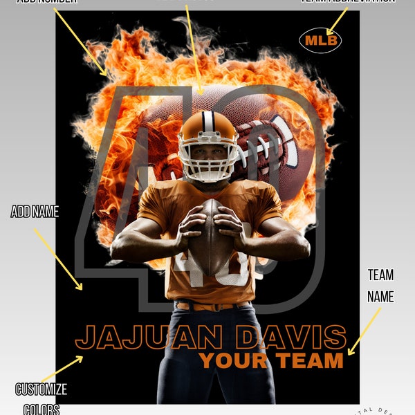 Football Sports Trading Card DIY TEMPLATE Flaming Football Digital Download Flyer Banner Trading Card Athlete Senior Sports Poster design