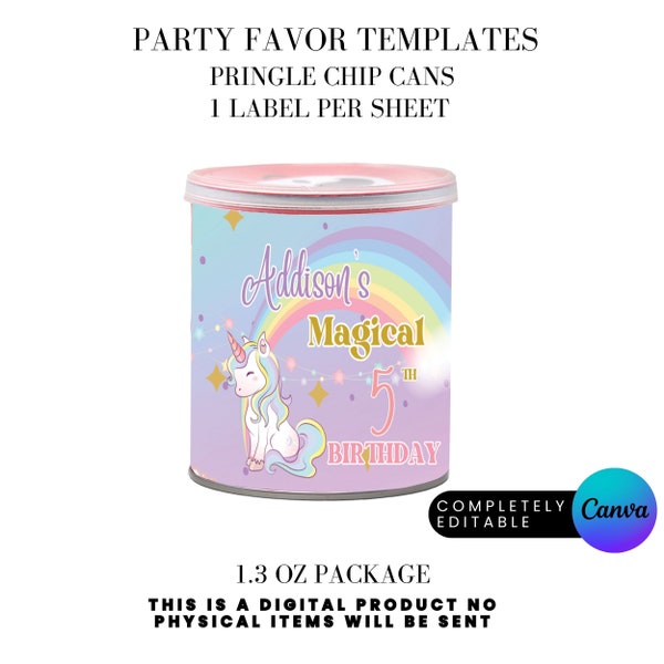 Magical Unicorn Party Birthday Party Favor Pringles Chip Can Labels Canva Template Instant DIGITAL DOWNLOAD