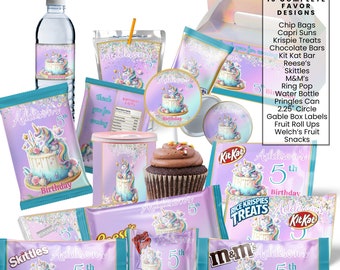 Unicorn Birthday Cake Party Favor Template Bundle, Chip Bag Template, Water bottle Label, Juice Pouch Label, Chocolate bar Canva Fruit Snack