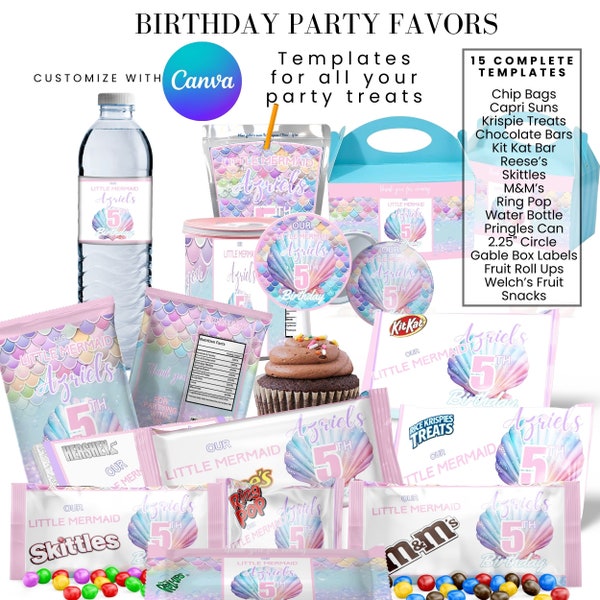 Mermaid Scales Pink Purple Pastel Birthday Favor Bundle, Templates Bundle, Chip Bag, Water bottle Label, Juice Label, Chocolate bar Canva