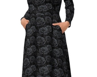 Black Rose long sleeve midi dress with pockets, grunge goth women's dress, dark cottagecore clothing, plus size 3x 4x 5x 6x