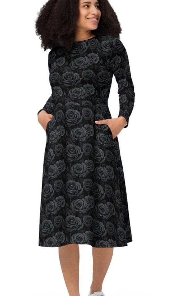 Black Rose Long Sleeve Midi Dress With Pockets, Grunge Goth Women's Dress,  Dark Cottagecore Clothing, Plus Size 3x 4x 5x 6x - Etsy