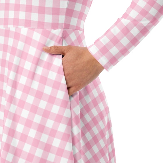 Pink Gingham long sleeve midi dress with Pockets barbiecore dress, women's clothing, cosplay dress, plus size 3x 4x 5x Pink Gingham long sleeve midi dress with Pockets barbiecore dress, women's clothing, cosplay dress, plus size 3x 4x 5x
