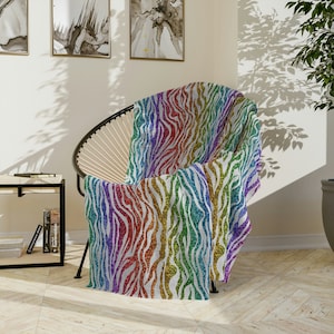 Rainbow Zebra Print Velveteen Minky Blanket, rainbow animal print home decor, pride blanket
