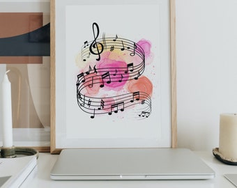 Music Notes Watercolor Splash Digital Print, printable Wall hanging, instant download print wall decor
