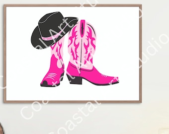 Pink and Black Cowgirl Boots and Hat Digital Print, preppy wall art, dorm decor, printable Wall hanging, instant download pink wall art
