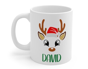 Customized Reindeer Coffee Mug, name holiday Ceramic Mug 11oz, gift idea, coffee lovers, personalized mug