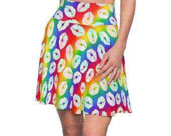 Rainbow Pride Skater Falda, falda skater de labios arcoíris, ropa de orgullo para mujer, ropa lgbtqia, falda del mes del orgullo
