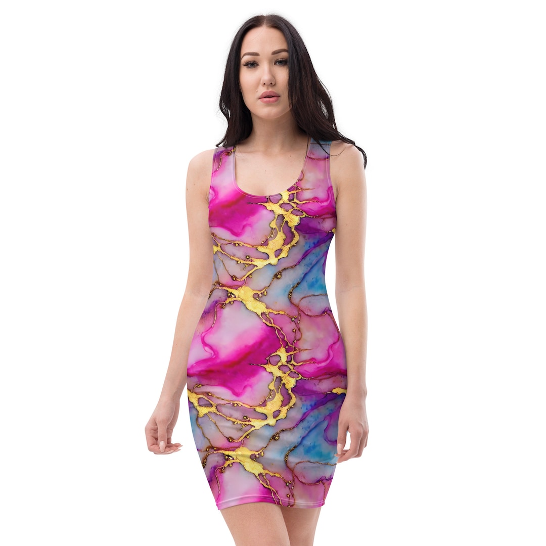 Pink and Gold Marble Bodycon Dress, Women's Summer Dress, Trendy Dress, Women's Indie Clothing