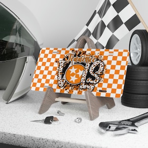 Tennessee Vols Vanity Plate, gift for vols fan, ut vols checkerboard animal print vanity plate, tn volunteers accessories